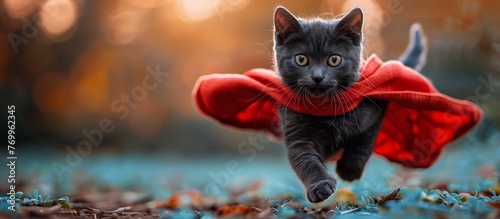 Felidae organism with electric blue fur sprinting in grass wearing a red cape photo