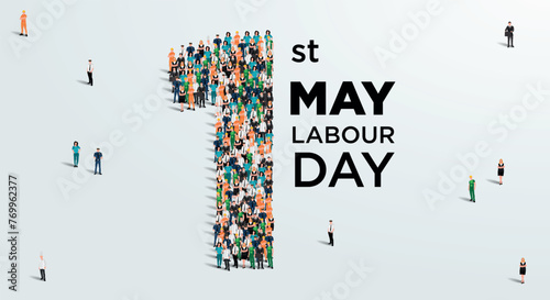 Happy labour day concept poster. Large group of people form to create number 1 as labor day is celebrated on 1st of may. Vector illustration.
 photo