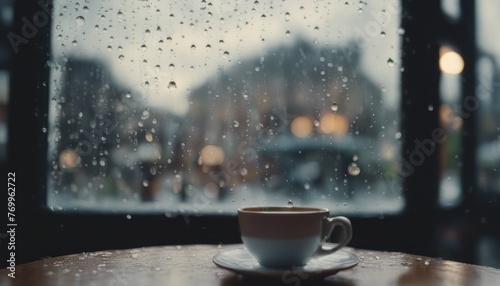 Rain falling on the glass window sill  flowing raindrops  comfortable rain sound ASMR  and a cozy caffe