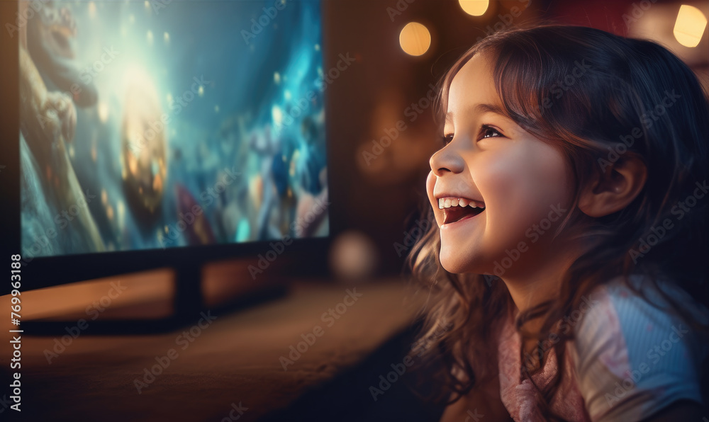Happy cute girl is excited watching fairy tales on TV - obrazy, fototapety, plakaty 