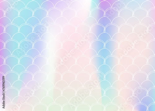 Mermaid scales background with holographic gradient. Bright color transitions. Fish tail banner and invitation. Underwater and sea pattern for girlie party. Iridescent backdrop with mermaid scales.