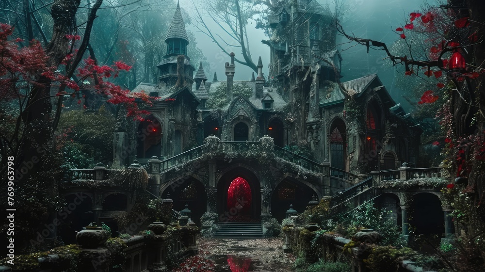 Fototapeta premium Gothic castle in an enchanted forest - A gothic castle amidst an enchanted red forest captures the allure and mystery of old-world tales
