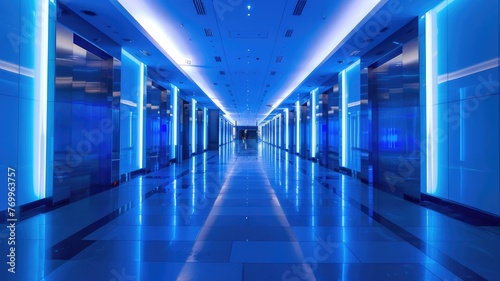 Futuristic blue corridor with sleek modern design - A modern, sleek corridor bathed in blue light, reflecting a futuristic and clean-cut design