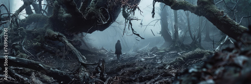 Foreboding forest with lone figure amidst trees - Eerie forest setting with twisted trees and a solitary figure, conveying a sense of solitude and mystery