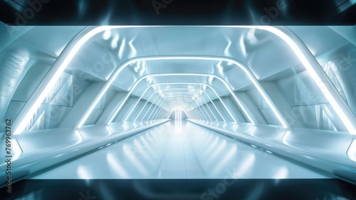 Futuristic blue-lit tunnel with arches and lines - A visually captivating image showcasing a futuristic tunnel illuminated with bright blue lights and arching structures photo