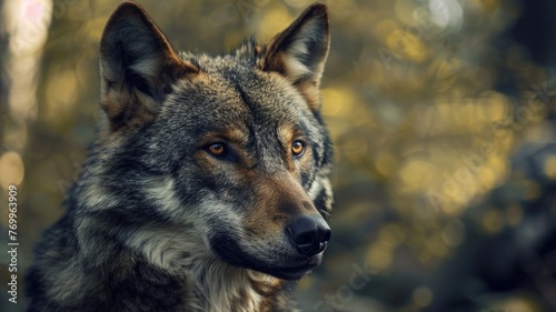 Majestic wolf with hypnotic gaze in the wild - A vivid depiction of a wolf with a captivating and hypnotic gaze set against the backdrop of a blurred forest hinting at its wild nature