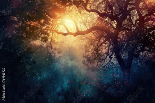 Misty forest scene with sunset and silhouettes - An enchanting misty forest with trees silhouetted against a warm sunset  evoking a magical atmosphere