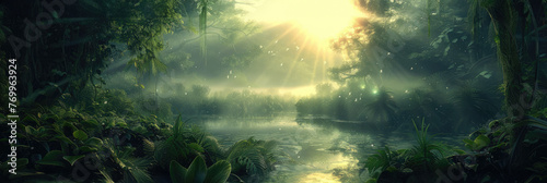 Misty sunrise over a tranquil jungle river - A serene jungle scene with a river leading into the sunrise  enveloped by a misty atmosphere and rich greenery