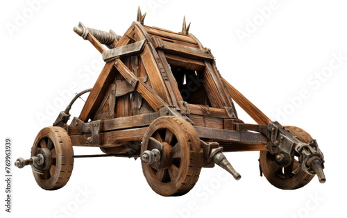 Wooden cart with spiked wheels sits ready for action photo