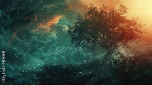 Mystical forest with cosmic weather phenomena - A mystical forest scene with a gigantic tree and cosmic weather phenomena overhead creating a surreal, dreamlike experience