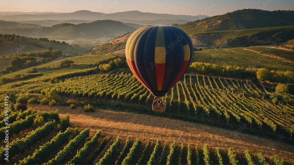 Obraz premium A hot air balloon floating gracefully over vineyards