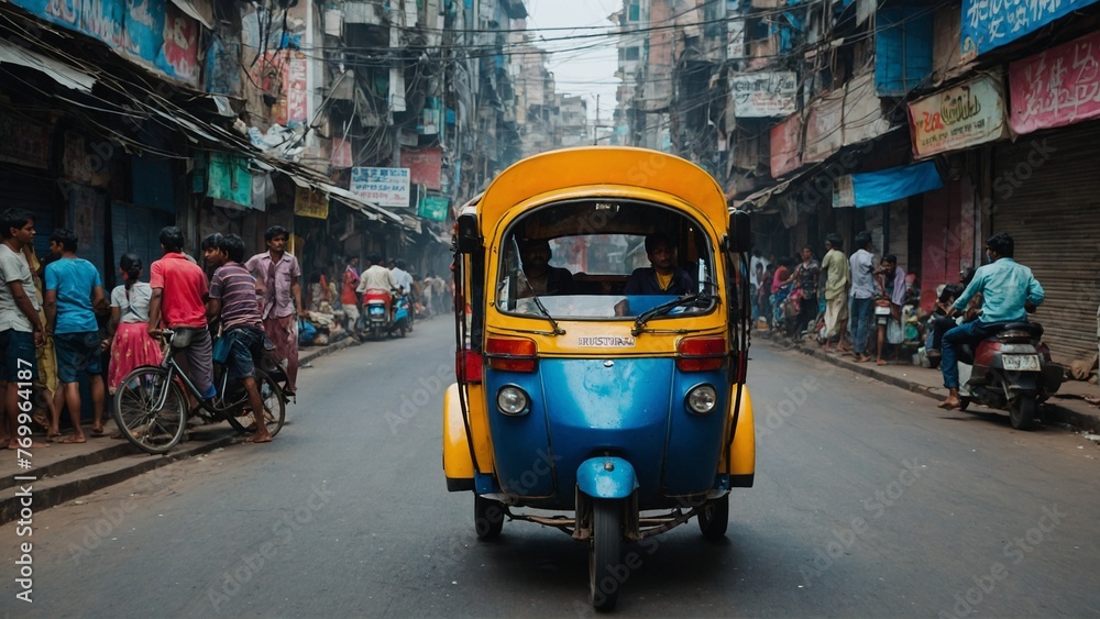 A colorful rickshaw weaving through busy urban roads.