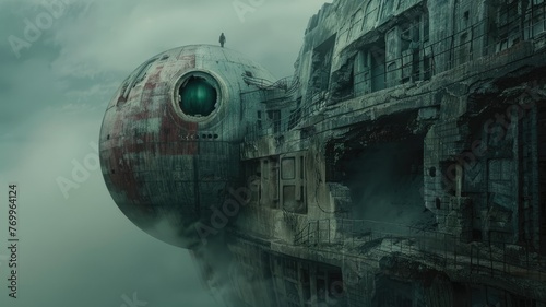 Sci-fi spaceship crashed on desolate building - Dark dystopian scene of a futuristic spacecraft crash-landing on a derelict building, creating a post-apocalyptic feel