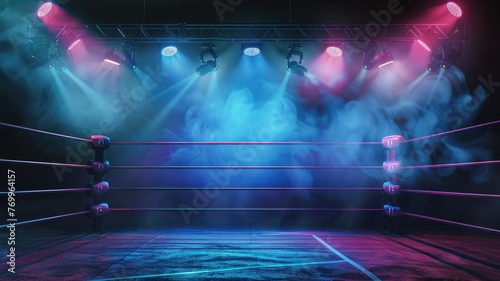 Smoke-filled boxing ring with colorful stage lights - Engage with the surreal scene of a smoke-filled boxing ring under enchanting stage lights and hazy atmosphere
