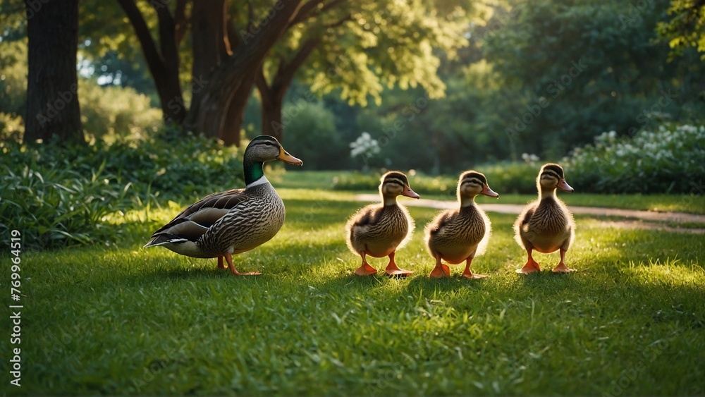 A group of ducks walking together in a beautiful green park. A group of ducks walking together in a beautiful green park.