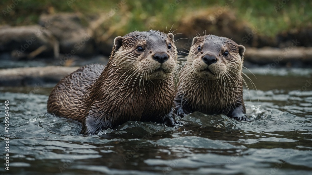 A pair of otters playfully sliding down a riverbank A pair of otters playfully sliding down a riverbank