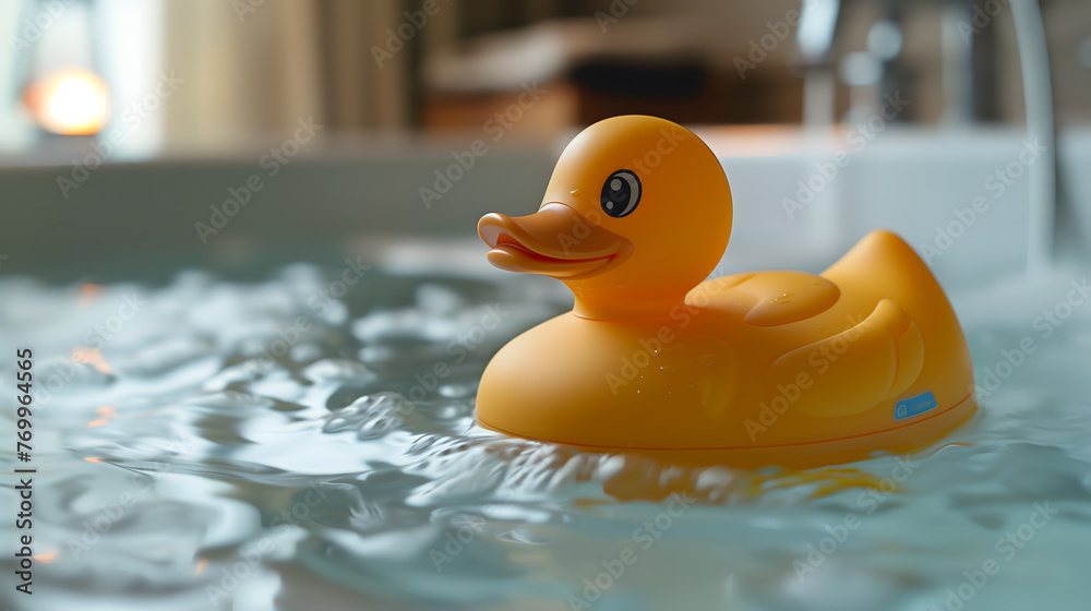 Close up photo of a yellow rubber duck floating in a bathtub