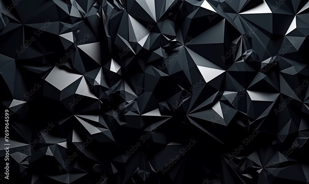 Polygonal black crystalline surface with gradient. Geometric 3d mesh mosaic with white tint and triangular digital textures stacked in creative formations with futuristic interior
