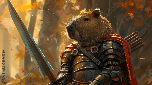 Illustration of a capybara in knight's armor with a large two-handed sword photo