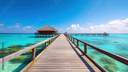 Panorama of Water Villas  Bungalows  and wooden jetty at Tropical beach in the Maldives at summer day