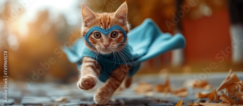 Felidae feline in electric blue superhero cape and mask