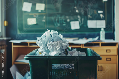 A classroom with a green trash can full of paper photo