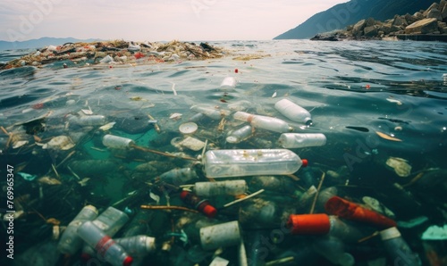 Wallpaper Mural A lot of plastic bottles and other waste materials floating on the surface of the sea. Plastic pollution theme Torontodigital.ca