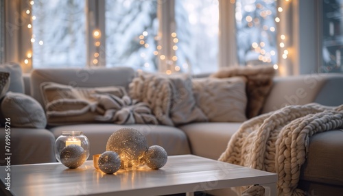 A photo of an elegant and cozy living room with winter decorations like stars, lights or snowflakes