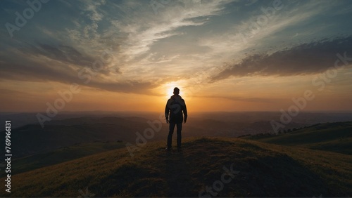 A silhouette of a person standing on a hill, watching the sunset.