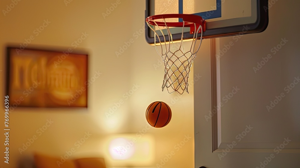 Fototapeta premium Indoor fun flair! Living room becomes a playground as mini basketball skillfully banks into door hoop, fostering family bonding and laughter.