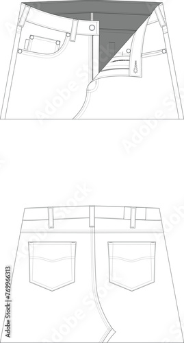 Technical drawing. Denim 5-pocket jeans. Fishtail keyhole button closure. Zip fly, with denim tack button.  Close up. Details. Front and Back.