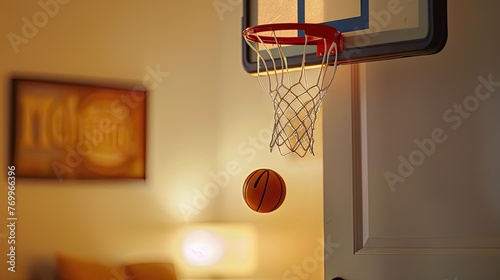 Indoor fun flair! Living room becomes a playground as mini basketball skillfully banks into door hoop, fostering family bonding and laughter.