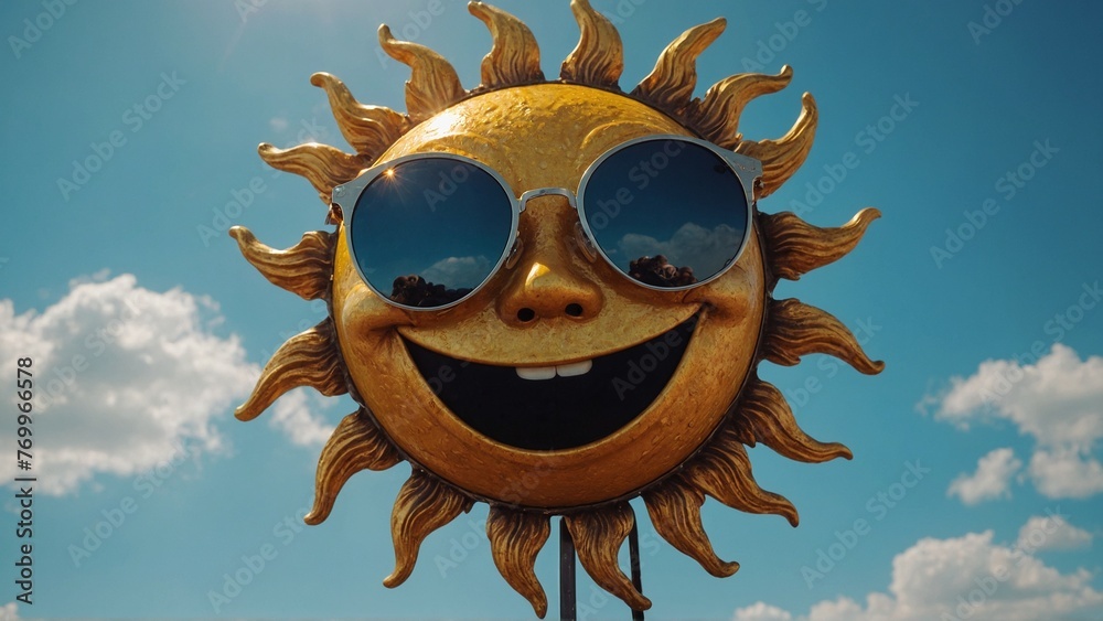 A smiling sun wearing sunglasses against a blue sky