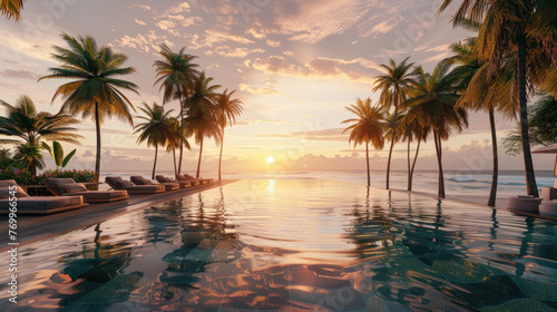 Stunning Sunset Over the Ocean with Palm Trees and a Pool © aznur