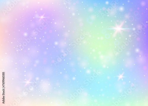 Unicorn background with rainbow mesh. Kawaii universe banner in princess colors. Fantasy gradient backdrop with hologram. Holographic unicorn background with magic sparkles, stars and blurs.