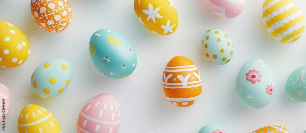 Beautifully painted Easter eggs displayed on a white table background from above.