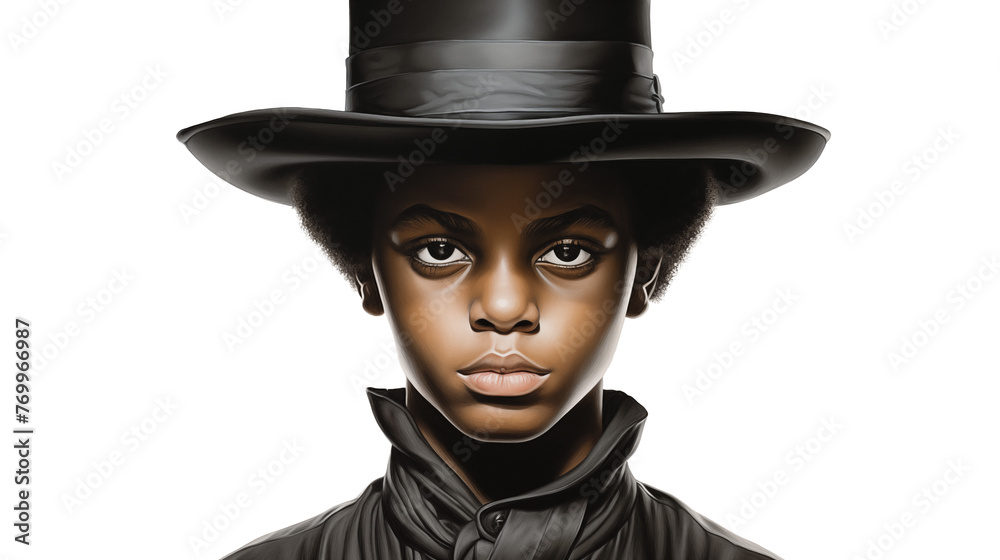 Cartoon afroamerican boy wearing black wide-brimmed hat  isolated on transparent background. Young serious gentleman closeup portrait.

