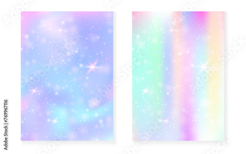 Unicorn background with kawaii magic gradient. Princess rainbow hologram. Holographic fairy set. Spectrum fantasy cover. Unicorn background with sparkles and stars for cute girl party invitation.