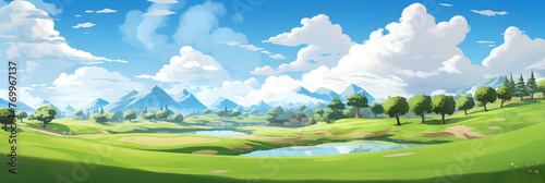 Spectacular Panorama of a Pristine Golf Course under the Azure Sky: A Perfect Day for a Game