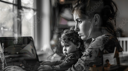 Stressed Mother Trying to Work from Home with a Young Child