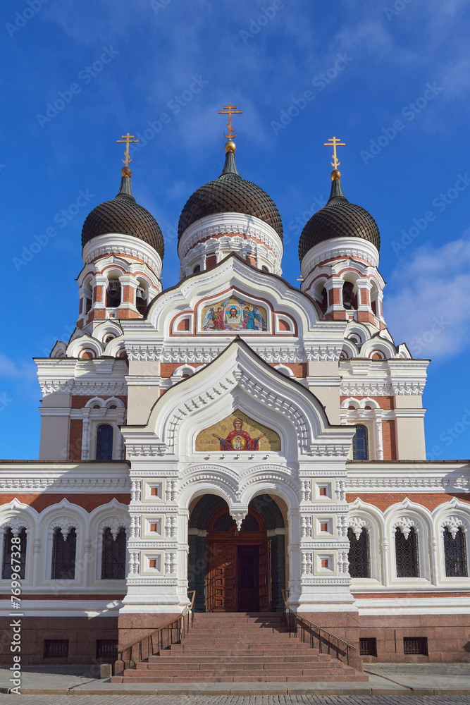 Old Alexander Nevsky Orthodox Cathedral in Estonian Tallinn on sunny March day.