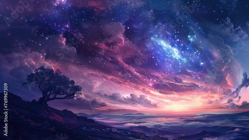 Starry sky over a tranquil mountain landscape - A serene mountainous landscape beneath a star-filled sky, evoking a sense of peace and the vastness of the universe