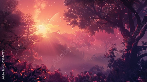 Sunset forest scene with a magical atmosphere - The image captures a surreal, magical forest at sunset, with light rays piercing through trees, creating a mystical feeling