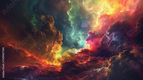 Vibrant cosmic clouds in dazzling colors - This image captures the essence of cosmic beauty with its vivid clouds and the interplay of light and darkness  representing the vastness of space
