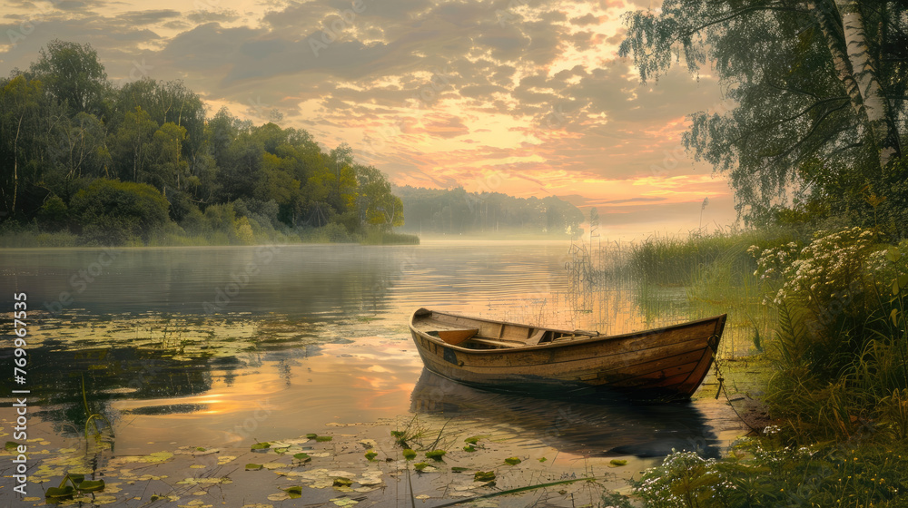 Serene Sunrise Over a Misty River with a Small Boat