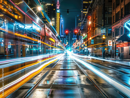 Street Symphony: Busy Street with Car Light Trails - Dynamic Urban Movement - Experience "Street Symphony" with streaks of car light trails on a bustling city street, capturing the dynamic movement