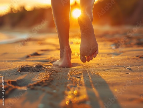 Close-up of young girl's bare feet stepping gracefully on sandy beach during golden sunset - Serenity and tranquility - Soft and warm natural lighting - Warm 