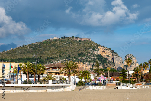 Bild auf Leinwand View on sandy beach of Terracina, Tyrrhenian Sea bay, ancient Italian city in pr