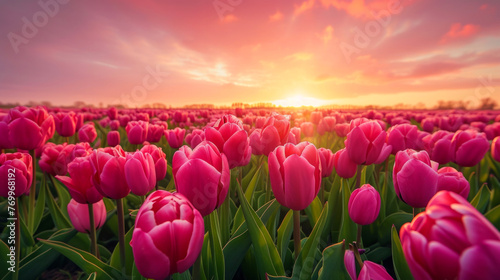 A field of red tulips with the sun shining on them. The sun is setting in the background