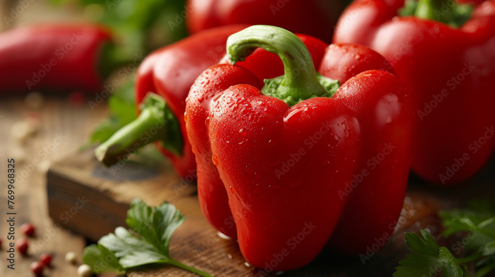 A red pepper sits on a wooden cutting board next to some parsley. The pepper is fresh and ready to be eaten A red pepper sits on a wooden cutting board next to some parsley. The pepper is fresh and ready to be eaten